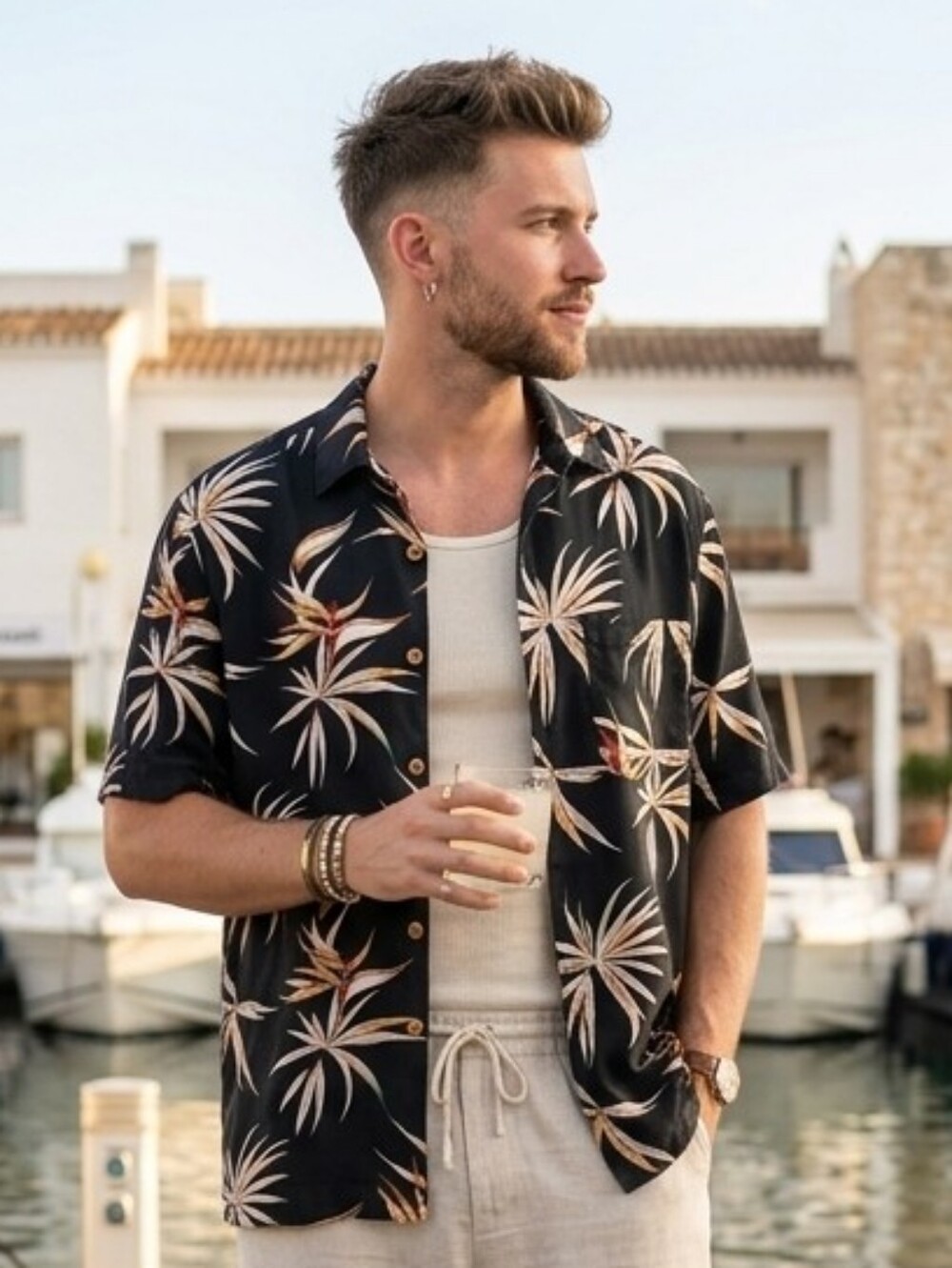 CARIBBEAN🍍100%SILK Black and Tan Tropical Men's Shirt UNISEX Size S